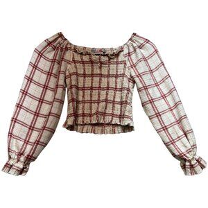 Colorful Planet Women's Milkmaid Smocked Top Ruffled Hem Sz M White Red Plaid